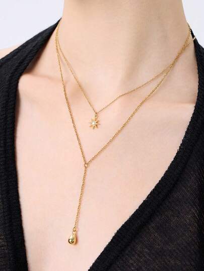 2 件套优雅奢华金色星星锆石水滴吊坠双层 Y 型项链不锈钢防过敏首饰套装，适合女性、朋友、日常、约会、节日、派对、礼物