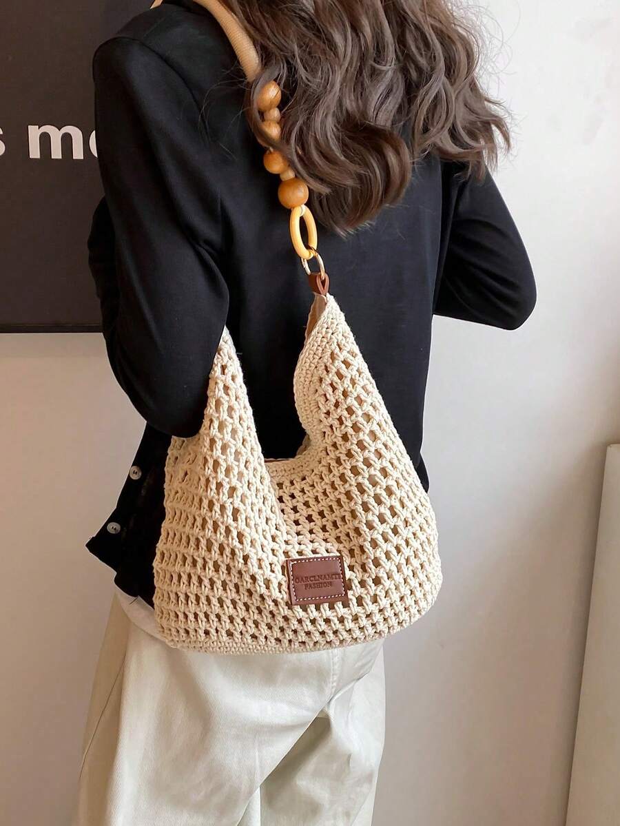 Elegant Vacation Style Bead Crochet Bag &Shoulder Bag& Hollowed Out Tote Bag For Women ,Wooden Handle Woven Handbag, Perfectly Matching With Crochet Set, Vacation Essentials, Perfectly Matching With Beach Accessories Women, Beach Necessities,Beach Essentials,Beach Stuff & Summer Essentials, Hottest Beach Bags - Beige - View 1