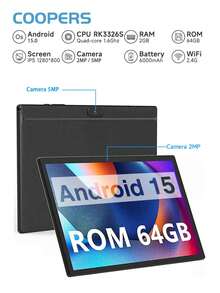 Coopers Tablet z systemem Android 15, 10,1-calowy tablet z systemem Android, RK3326S, 4-rdzeniowy procesor 1,6 GHz, 2 GB pamięci RAM, 64 GB pamięci ROM, 2,4 GHz WiFi + WiFi 6, Bluetooth 5.2, podwójny aparat 2 MP + 5 MP, typ C, 6000 mAh, obsługa rozszerzenia SD 512 GB, obsługa Widevine L1 (bez adaptera)