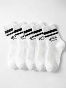 5pairs/Pack Two Stripes Letter Sport Mid-Calf Socks For Kids, Suitable For Daily Wear