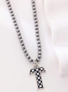 1pc Western Country Style Vintage Textured CCB Multicolor Leopard Print Black & White Plaid 26 Letter Minimalist Pendant Necklace, Sweater Chain