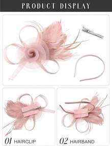 Fascinators Hats Women,Tea Party Fascinator Hair Clip With Feathers Wedding,Derby Hats Headbands - Ha9462-粉紅色 - 查看 4
