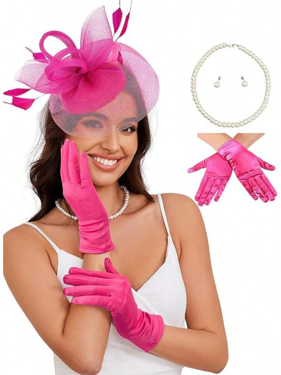 Ibeauti Fascinator Hats With Screentouch Lace Gloves Set Women Tea Party Cocktail Wedding Derby Headwear Short Gloves - 07 亮粉色 - 查看 1