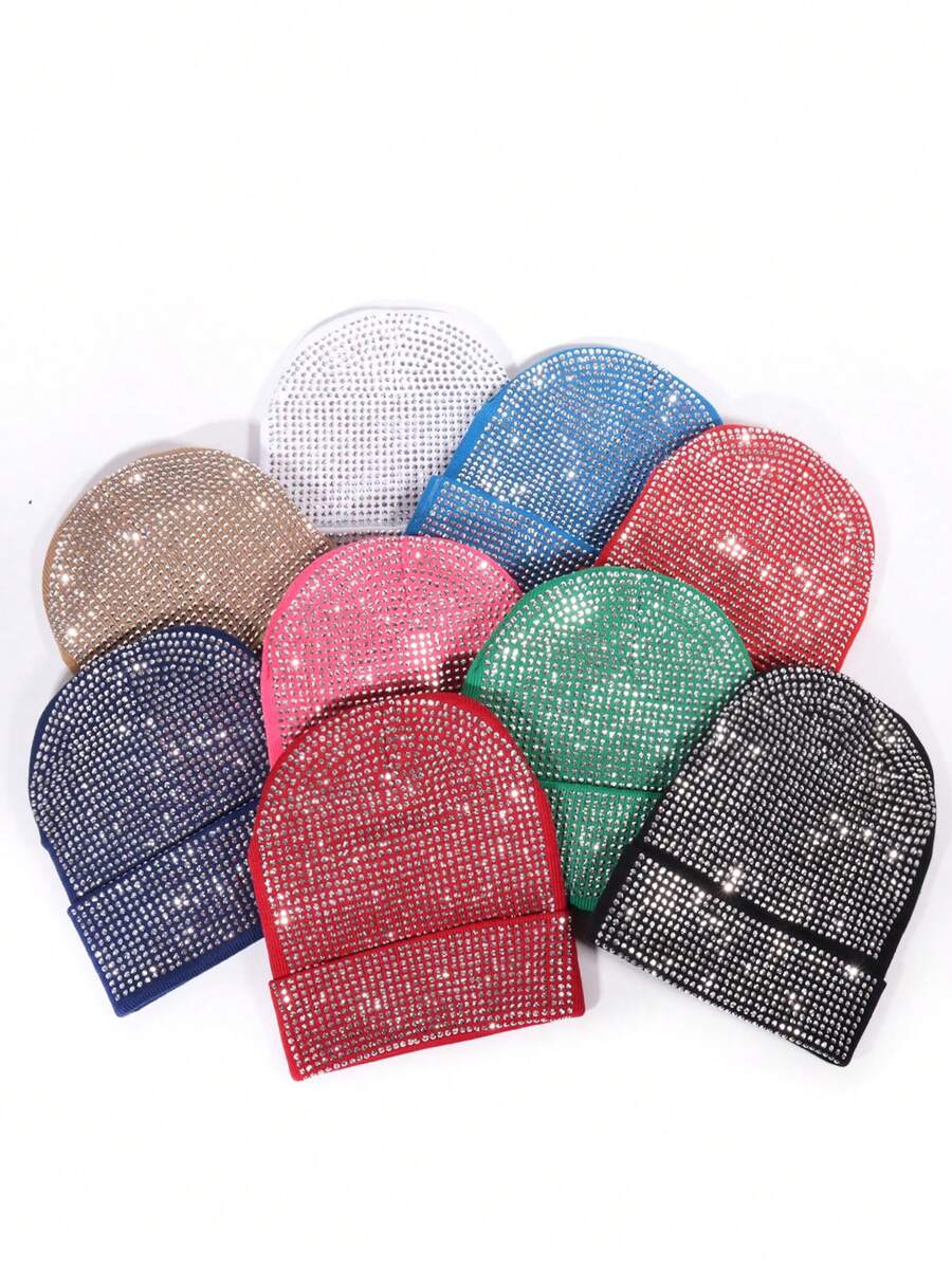 1pc Fully Rhinestone Embellished Versatile Ins Style Autumn/Winter Korean Fashion Bling Bling Beanie Hat, Warm Ear Protection, Suitable For Daily Wear And Parties, Unisex