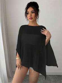 Women Sheer Mesh Poncho Top Crochet Knit Lightweight See Through Shawl Wrap Summer Oversized Loose Shrug Beachwear Swimsuit Bikini Cover Ups - 黑色 - 查看 3