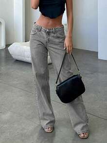 New Popular European And American Street Style Simple Daily Commuting Casual Low-Waist Straight Women's Jeans - Light Grey - View 4