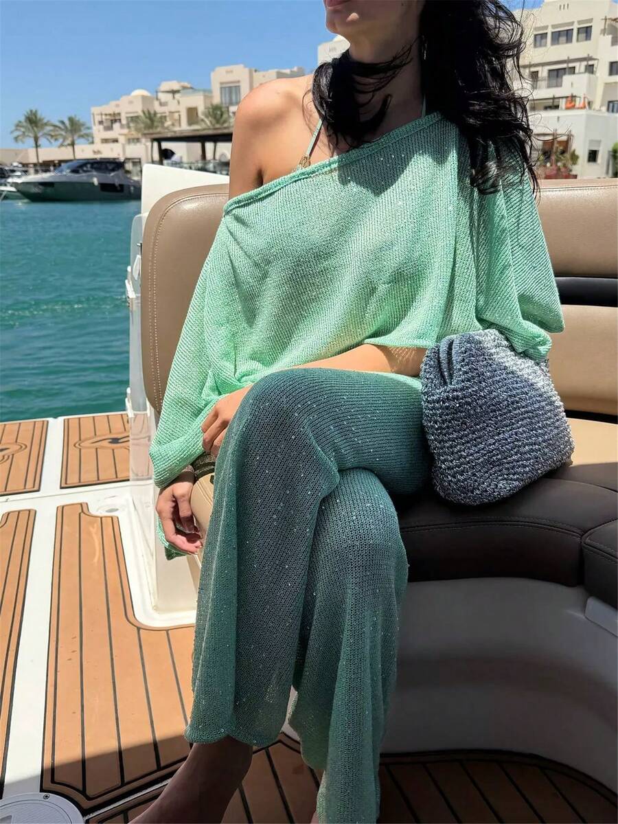 Women Sequin Shiny Glitter Knit Poncho Off Shoulder See-Through Crochet Cape Sheer Shrug Lightweight Summer Holiday Beachwear Sheer Mesh Swimsuit Bikini Cover Ups Poncho Top Shawl - 藍色 - 查看 1