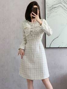 RUIWY 女士春夏长袖休闲串珠优雅格子收腰修身杏色连衣裙