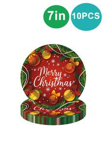 10 قطعة من أطباق وفوط ورقية مجموعة لحفلة عيد الميلاد بألوان أحمر وأخضر، أجراس، شجرة عيد الميلاد، مناسبة لحفلة عائلية بموضوع عيد الميلاد