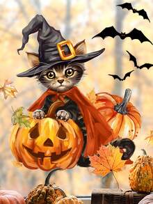 1 Piece Halloween Themed Pumpkin, Cat, Maple Leaf, Bat, Wizard Hat Glass Stickers Wall Stickers Bedroom Living Room Window Decoration