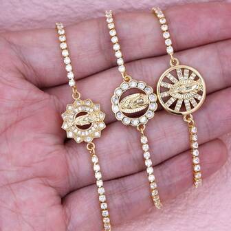 2025 Fashionabla Koppar Vit Zirkonium Inlagd Rund Form Jungfru Maria Justerbart Push Pull Armband Dam Charm Smycken
