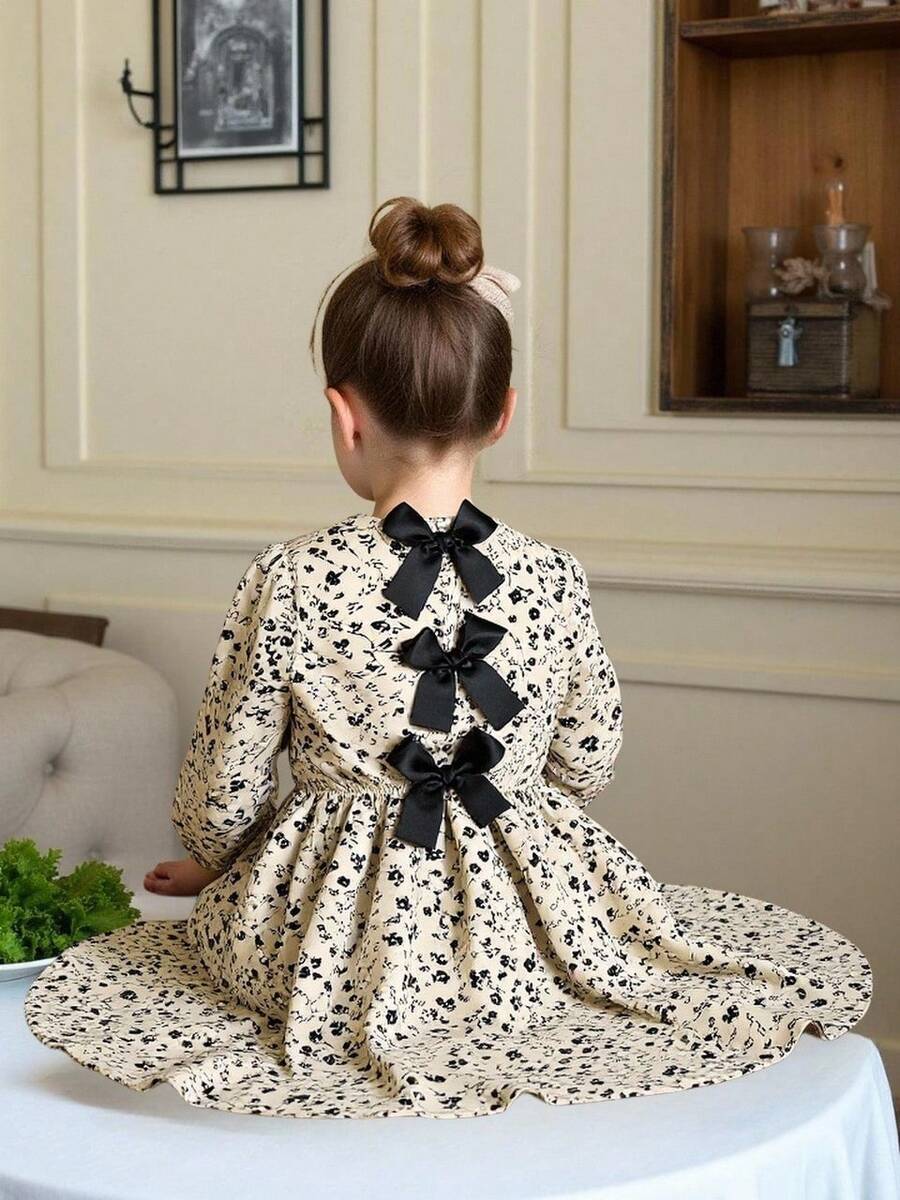 女婴花卉印花腰部撞色拼接长袖圆领连衣裙 - 杏色 - 查看 1