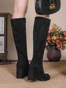 秋冬女士舒适经典百搭高筒靴，时尚女士黑色绒面圆头侧拉链粗跟及膝马靴