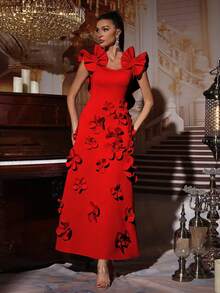 全新优雅 3D 花卉装饰时尚荷叶边无袖连衣裙，女士长款正式礼服，适合婚礼宾客、伴娘、派对、晚会 - 紅色 - 查看 2