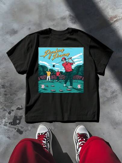 Drinking & Driving Men's Casual 220g T Shirt 1pcs Streetwear Style 100% Cotton Tee Vintage Golf Digital Printed T Shirt Funny Skeleton Golf Graphic Tee
