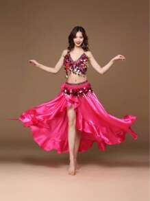 Women's Belly Dance Practice Set Sequined Sleeveless Top + Sexy Slit Long Skirt + Waist Chain 3 Pieces Set Adult Oriental Dance Performance Costume - Multicolor - View 7