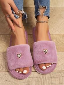 新款女士简约时尚爱心装饰毛绒露趾拖鞋，舒适蓬松家居拖鞋，适合室内/卧室/客厅穿着，春秋季皆宜。 - 紫色 - 查看 6