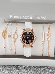 6 Stück/Set Quarz Sternenhimmel Zifferblatt Uhr mit PU Lederarmband und Seil mit schwarzen Perlen Liebe Armband, schwarze geometrische quadratische Figur, Blatt 5-teiliges Set, geeignet für den täglichen Lässig-Stil, einfach und elegant, die beste Wahl für Halloween, Weihnachten, Valentinstag, Muttertag, Urlaubsgeschenke