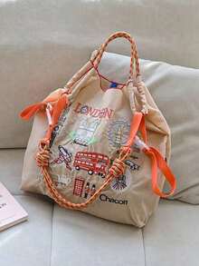 1pc New Fashion Embroidered Pattern Nylon Large Capacity Foldable Shopping Bag, Suitable For Commuting, Party, Adjustable Shoulder Strap Tote Bag, Bags For Ladies Fashionable