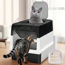 1PC Large Self-Cleaning Cat Litter Box, Cat Litter Box ,Litter Tray,Cat Accessories ,Cat Toys,Extra-Large Capacity Cat Litter Box, Odor-Proof, Leak-Proof, Not Easy To Leak, Pull-Out Design, Comfortable Toilet For Pets, Easy To Clean, Suitable For Kittens, Adult Cats, Rabbits, Size 35*48*36 Cm - 灰色 - 查看 8