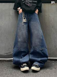 1 pieza Jeans rectos con diseño de parches y lavado vintage desgastado de ajuste holgado para hombre (Cinturón y accesorios no incluidos) - Neblina azul - Ver 5