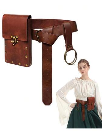 3PCS Medieval Cosplay Leather Belt Copper Coin Waist Bag Renaissance Dress Steam Belt Role Playing Halloween Belt Set Cosplay