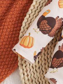 女婴感恩节火鸡南瓜印花连体衣搭配棕色吊带裙，秋冬季新款套装 - 棕色 - 查看 6