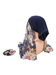 1 套穆斯林花卉印花头巾、头巾和头带，时尚百搭 - 顏色 - 查看 6