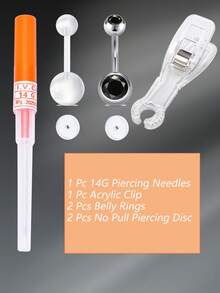 Set de 6 piezas/juegos de kit de perforación de ombligo, kit de aguja de perforación de ombligo, anillo de perforación de ombligo de calibre 14 - Naranja - Ver 4