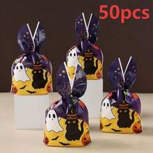 50pcs Halloween Gift Bags, Halloween Packaging Bags, Halloween Candy Bags, Halloween Decorations, Halloween Queue Supplies, 8.66*5.12inch, Cute Black Cat & Rabbit Ear Creative Design, Colorful Halloween Decorations, Suitable For Candy And Gift Packaging, Holiday Decorations