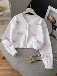 Girls' Cute Solid Color 3D Bow Short Knitted Cardigan, Suitable For Casual Daily Wear, Spring & Autumn - White - View 2