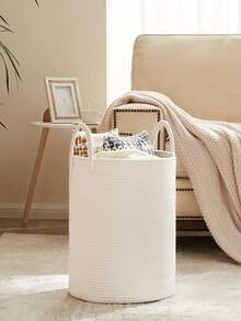 1个手工编织储物篮，带木珠装饰，全新带提手，编织储物盒，藤编洗衣篮，洗衣篮，可折叠洗衣篮，储物篮，浴室脏衣篮，绳编洗衣篮，客厅/卧室洗衣篮，编织储物篮，波西米亚风格高绳篮，适合存放毯子、玩具、枕头、毛巾和婴儿用品，由黄麻材料制成。 - 黃色 - 查看 2