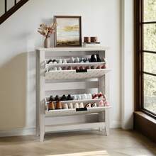 80cm Vintage Schuhschrank in Weiß, freistehender Vintage Schuhschrank im Stil der Mitte des Jahrhunderts, Schuhschrank mit 2 klappbaren Schubladen, geeignet für Flur und Eingangsbereich, Treppenecke