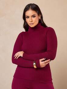 Cacharrel Feminina Tricot Blusa de Frio Gola Alta Manga Longa Básica Clássica Tricô Moda Outono/Inverno