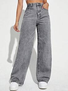 Women's Wide Leg Jeans, High Waist, Butt Lifting Pants - 灰色 - 查看 1