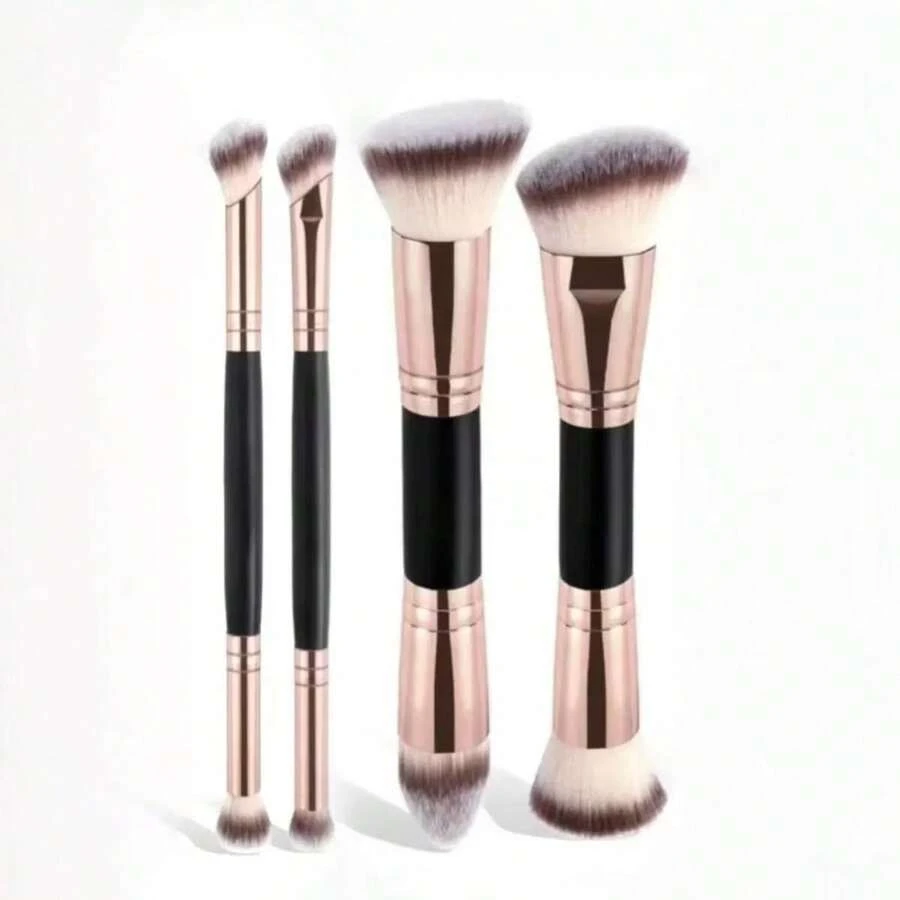 4 pièces Set de pinceaux de maquillage professionnels à double extrémité, comprenant un pinceau de fond de teint incliné et effilé, un pinceau de contour, un pinceau de blush, un pinceau à poudre, un pinceau à ombre à paupières, un pinceau correcteur, un pinceau highlighter, un pinceau estompeur. Brosses en fibres douces, portables pour les voyages, excellent cadeau pour les femmes et les filles.