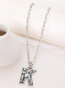 1pc Western Country Style Vintage Textured CCB Multicolor Leopard Print Black & White Plaid 26 Letter Minimalist Pendant Necklace, Sweater Chain
