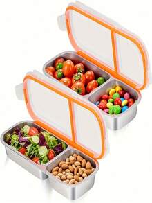 3-komorowy, wielokrotnego użytku pojemnik do przechowywania żywności ze stali nierdzewnej z pokrywką, organizer na przekąski na lunch, piknik, do szkoły, w podróż – odpowiedni dla dorosłych