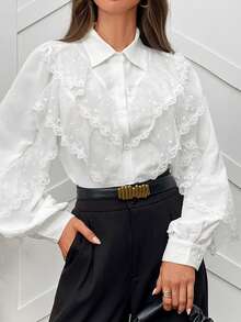 Women's Elegant Long Sleeve Solid Color Lace Multi-Layered Ruffle/Frill Casual Blouse Shirt For Commuting, Autumn/Winter