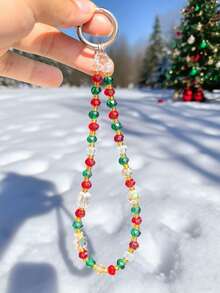 1pc Christmas Element Red & Green Glass Beaded Phone Lanyard, Phone Keychain Pendant, Suitable For Party, Wedding Gift