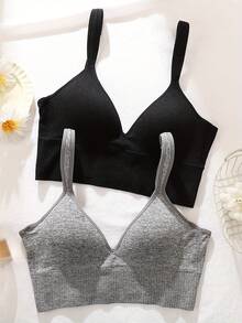 2PCS Women's V-Neck Padded Seamless Straps Bralette, Adjustable Spaghetti Straps Everyday Basic Sleeping Bra, Sports Bras For Women, Sports Bra - 彩色 - 查看 1