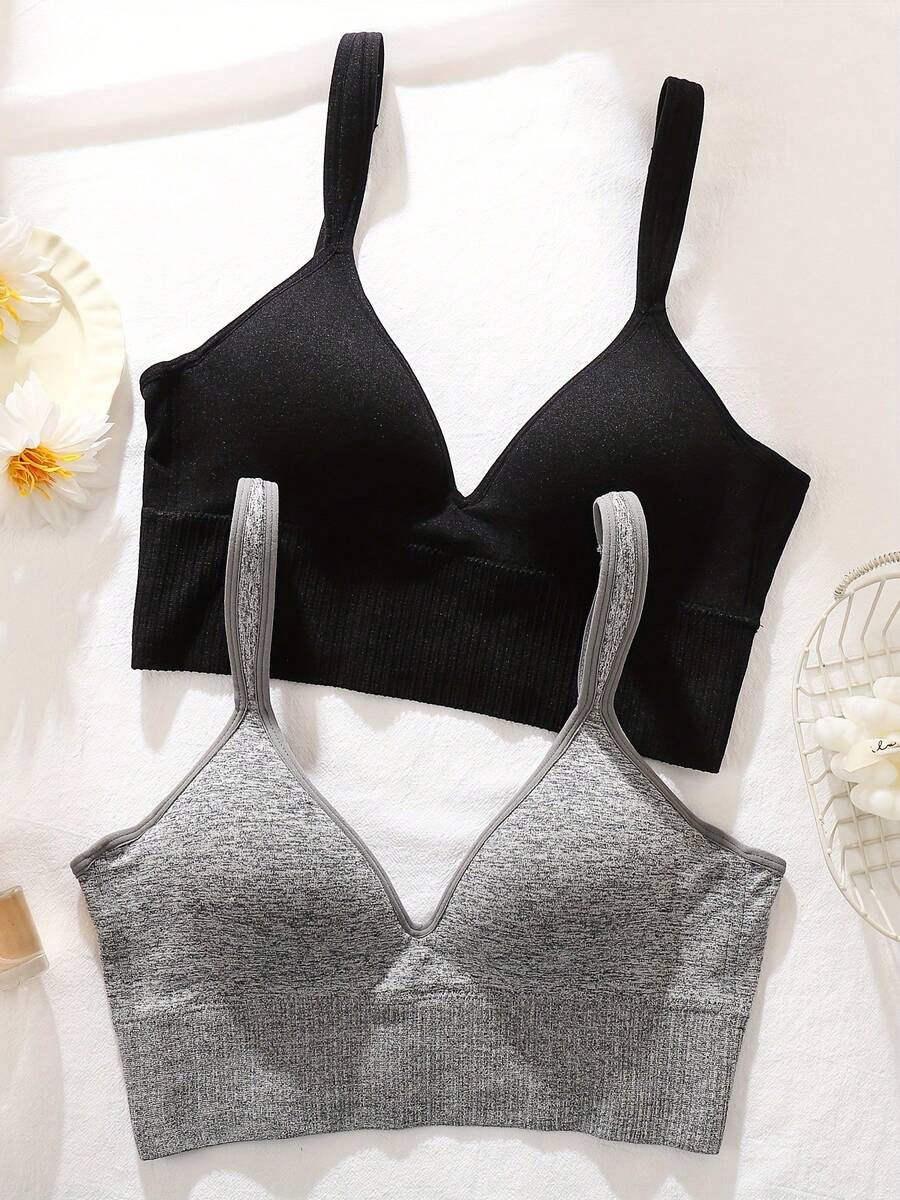 2PCS Women's V-Neck Padded Seamless Straps Bralette, Adjustable Spaghetti Straps Everyday Basic Sleeping Bra, Sports Bras For Women, Sports Bra - 彩色 - 查看 1