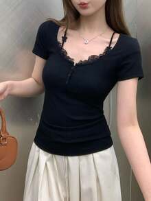 夏季新款蕾丝拼布休闲修身T恤 - 黑色 - 查看 6