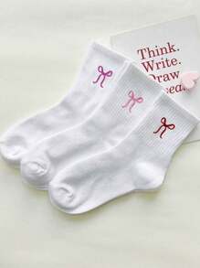 3 Pairs Bow Pattern Crew Socks, Casual Everyday Wear, Fall