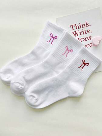 3 Pairs Bow Pattern Crew Socks, Casual Everyday Wear, Fall