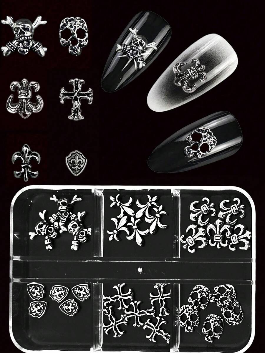 Hộp 28/1 Miếng dán móng tay hình đầu lâu chữ thập phong cách retro Âu Mỹ màu đen Bộ trang trí móng tay bằng kim loại cao cấp Punk Phụ kiện làm móng, phụ kiện làm móng, đá quý làm móng - Bạc - Xem 1
