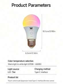 USB Rechargeable LED Bulb, Type-C Charging Port, Outdoor Charging Lamp, Portable LED Bulb, Night Market/Camping Lamp, Fishing Light, Multi-Function, Hanging Capable, Power Outage Emergency, Stepless Dimming, Large Battery Capacity, 3 Color Modes (RGB), Long-Lasting, High Brightness LED, Charging Protection, Uniform Lighting, Wide Illumination Range