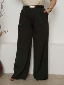 Plus Size Wide Leg Pants Tailored Fabric With Belt High Waist Feminine Shapes The Butt Comfortable Elegant Versatile Size Exg G1 G2 G3 New Fashion Mother's Day - 黑色 - 查看 4