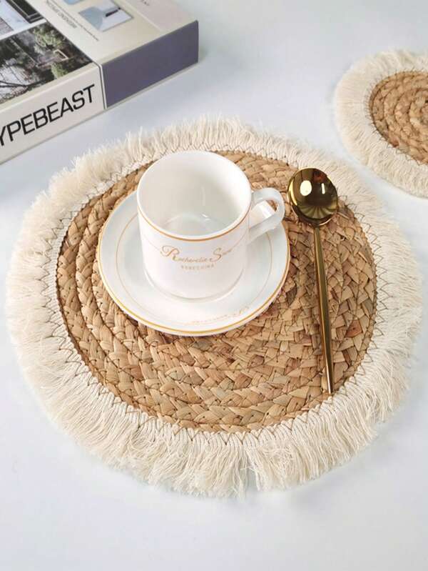 1/4pcs Handmade Woven Heat Insulation Placemats, Natural Gourd Grass Dining Table Mats, Thickened Heat Insulation Tassel Coasters