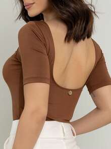 Open Back Blouse Boat Neckline Suplex  Africa Casual - 鏽棕色 - 查看 6